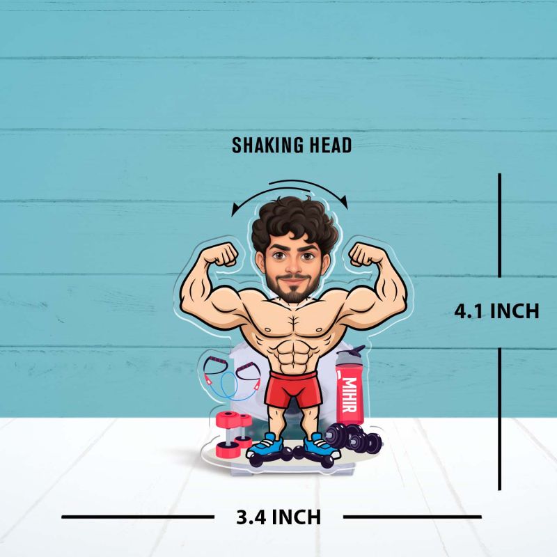 Personalized Caricature for Gym Lover with Shaking Head, Fitness Bodybuilder Theme, Custom Face Photo Cutout Gift for Friends, Boyfriend, Brother, Gym Trainer Solar Powered Moving Head